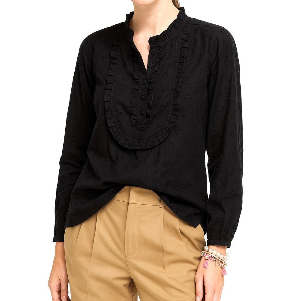 J Crew AJ417 Black Floral Eyelet Long Sleeve Ruffled Yoked Front Blouse